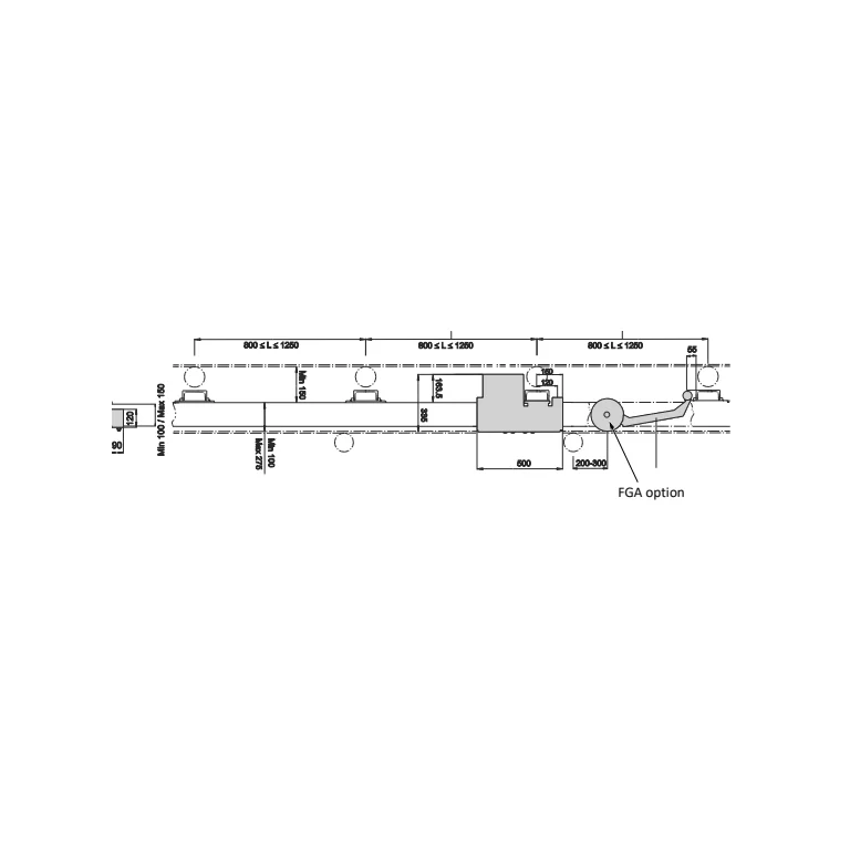 שרטוט Qlar MULTIBELT BEM — מבט צד של מודול השקילה המותקן מתחת למסוע