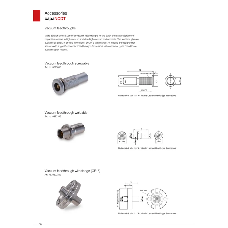 Complete official capaNCDT vacuum-feedthrough catalog page (p. 56), containing the full photograph and drawing of 0323349; shown as technical context, not as a cropped extra drawing.