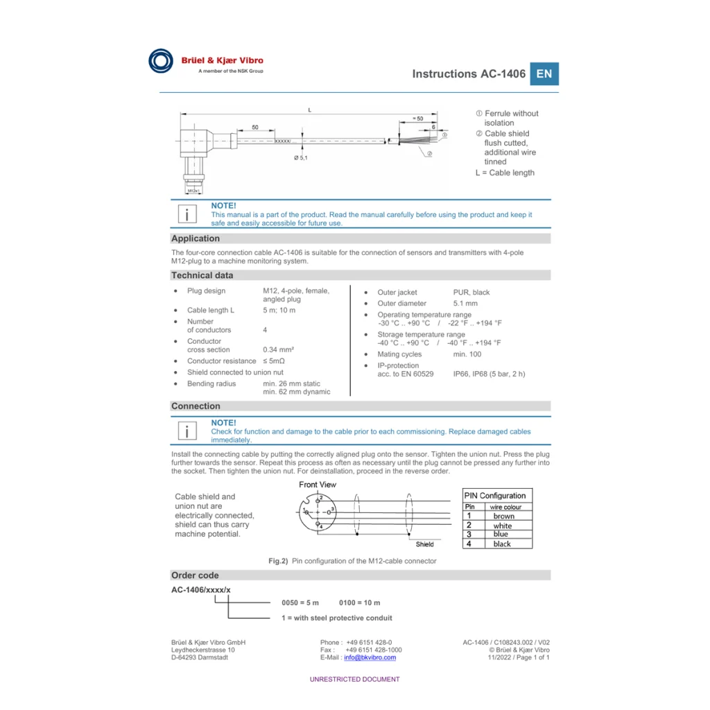 Complete AC-1406 mechanical drawing page with angled M12 connector, cable length and dimension callouts; retained uncropped