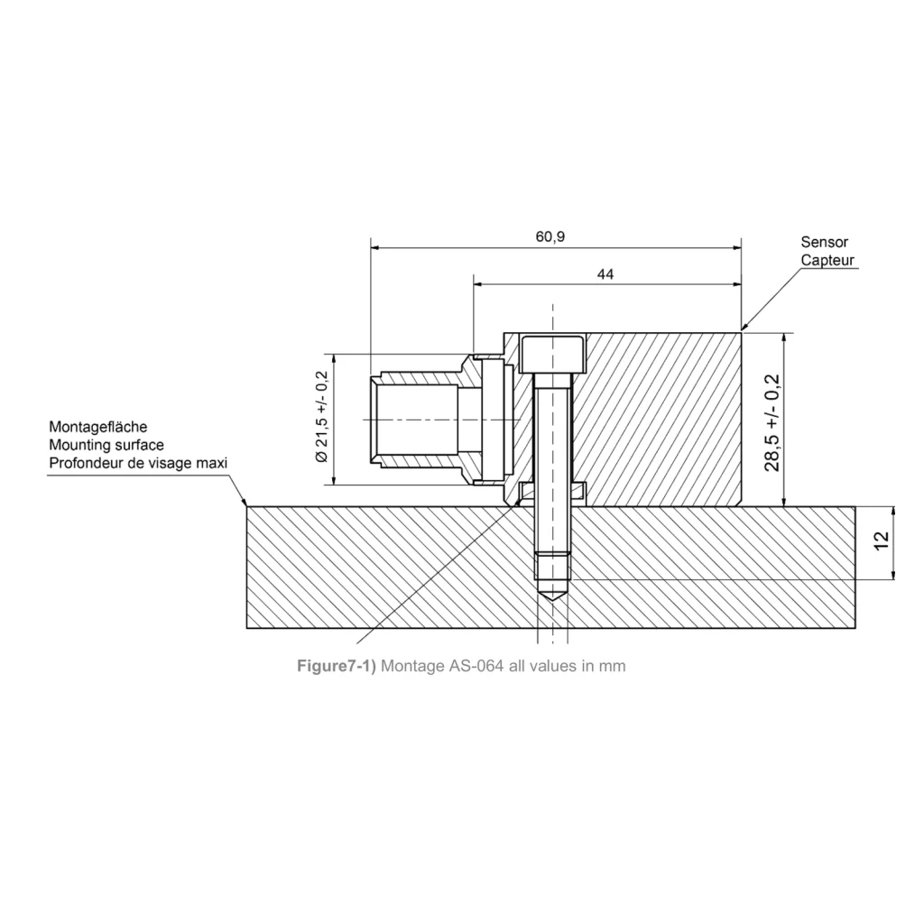 AS-064 installation cross-section with sensor, mounting-surface and screw dimensions; all dimension lines and notes retained