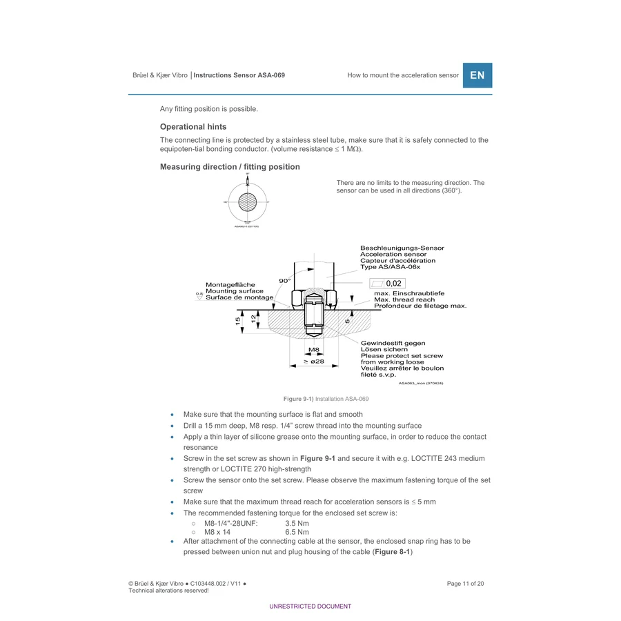 שרטוט התקנת ASA-069 — משטח ההצמדה, בורג M8/¼-28 UNF ועומק התבריג; עמוד היצרן המלא נשמר ללא חיתוך