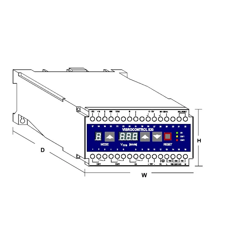 שרטוט יצרן במבט איזומטרי של VIBROCONTROL 920 עם מידות ושיטות התקנה