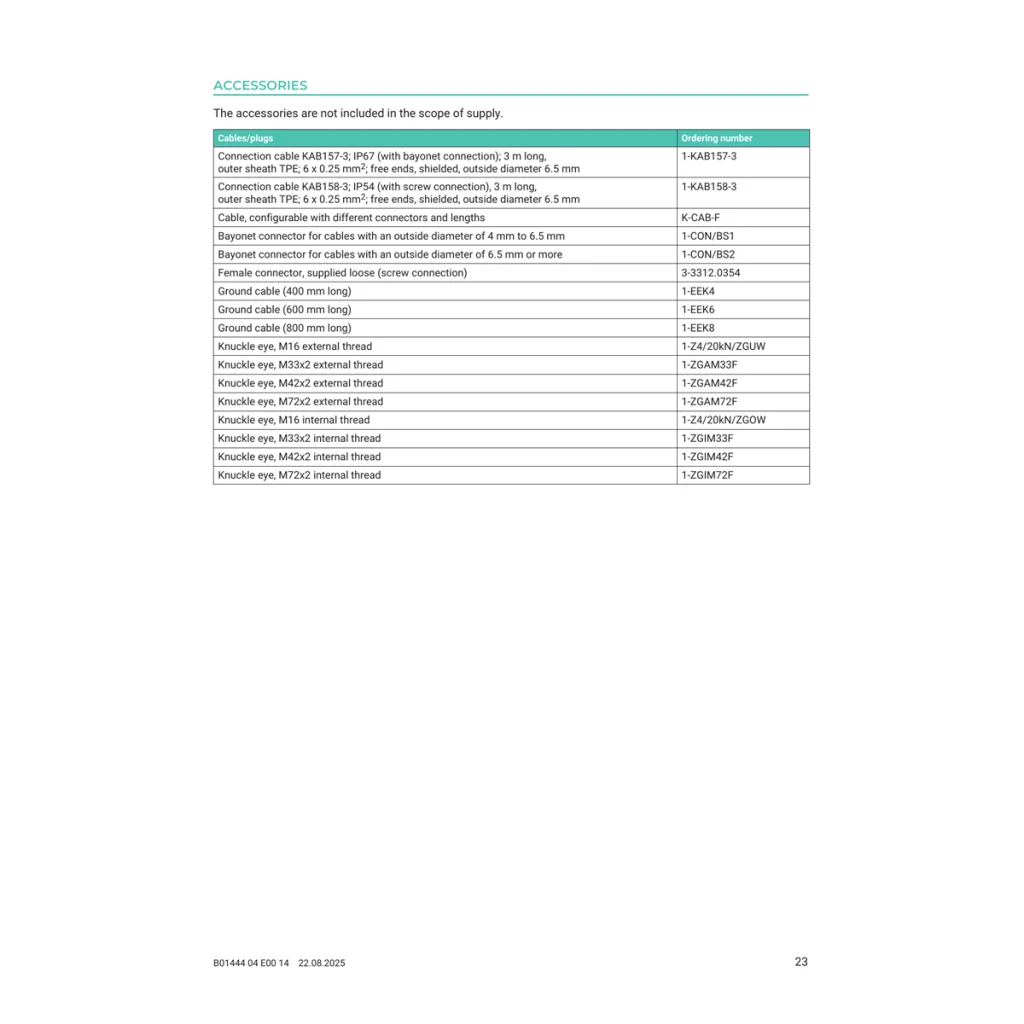 Official U10M accessories table: 3 m length, 6.5 mm outer sheath and connector type for 1-KAB157-3; the source does not publish a separate pinout