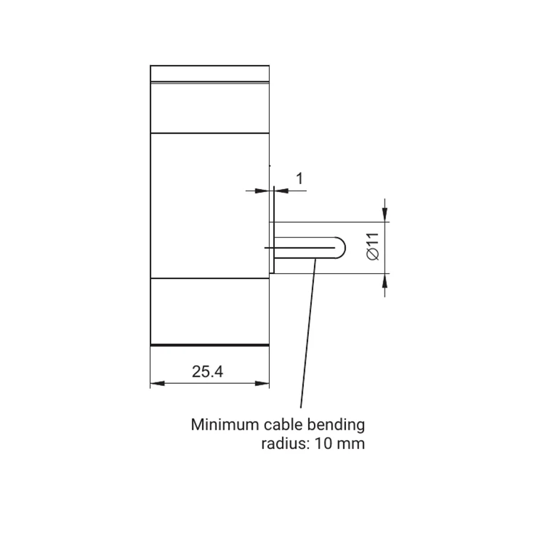 Distinct official S2M dimension drawing — side view with body thickness, cable diameter and minimum bend radius