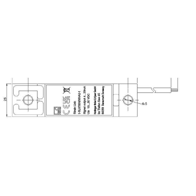 שרטוט מידות HBK — מבט על של גוף SLH700, חורי ההתקנה והכבל