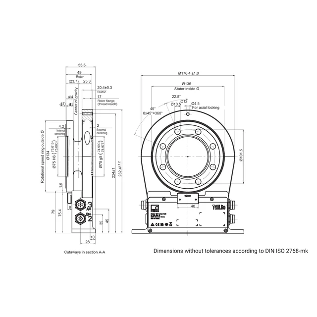 חתך A–A ומבט קצה מלאים של דגמי T40Lite ‏500 N·m–1 kN·m, עם המידות המקוריות