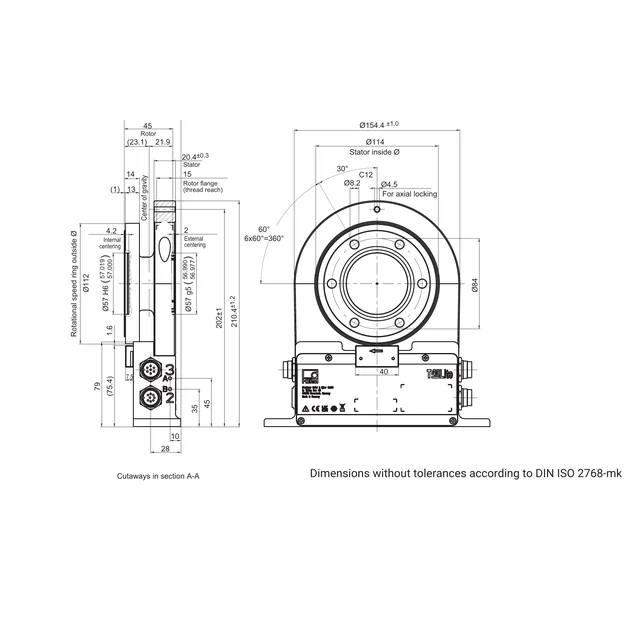 חתך A–A ומבט קצה מלאים של דגם T40Lite ‏200 N·m, עם המידות המקוריות