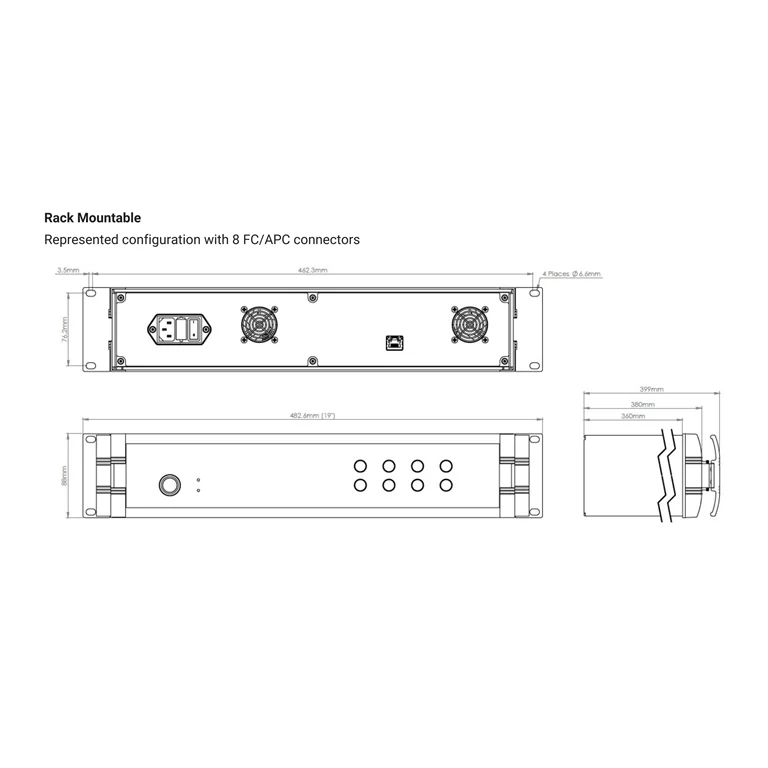 שרטוט טכני של HBK FS22DI בתצורת 8 מחברי FC/APC — מבט נוסף עם מידות המארז וההתקנה