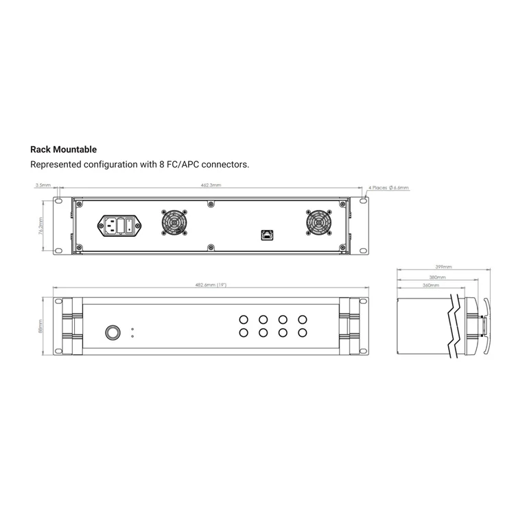 שרטוט טכני של HBK FS22SI בתצורת 8 מחברי FC/APC — מבט נוסף עם מידות המארז וההתקנה