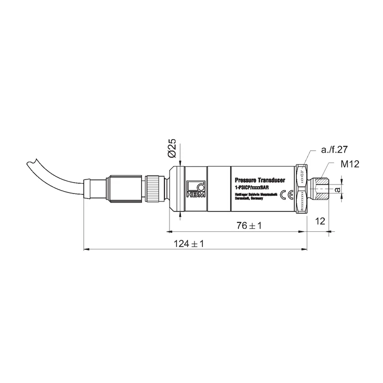 שרטוט מידות P3ICP עם מחבר M12 — טווחי לחץ 10–2,500 bar