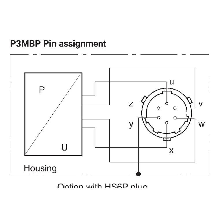 שרטוט חיבור חשמלי — הקצאת פינים בגרסת P3MBP עם מחבר HS6P