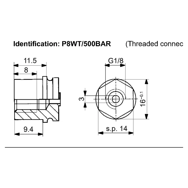 שרטוט יצרן — P8WT/500B-002 עם תבריג פנימי G1/8, מבט צד ומבט קצה