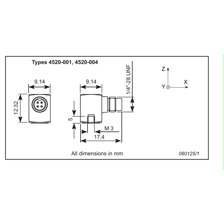 שרטוט מידות BP 2072 — מבט צד נפרד של Type Type 4520-001 עם מידות הגוף והמחבר