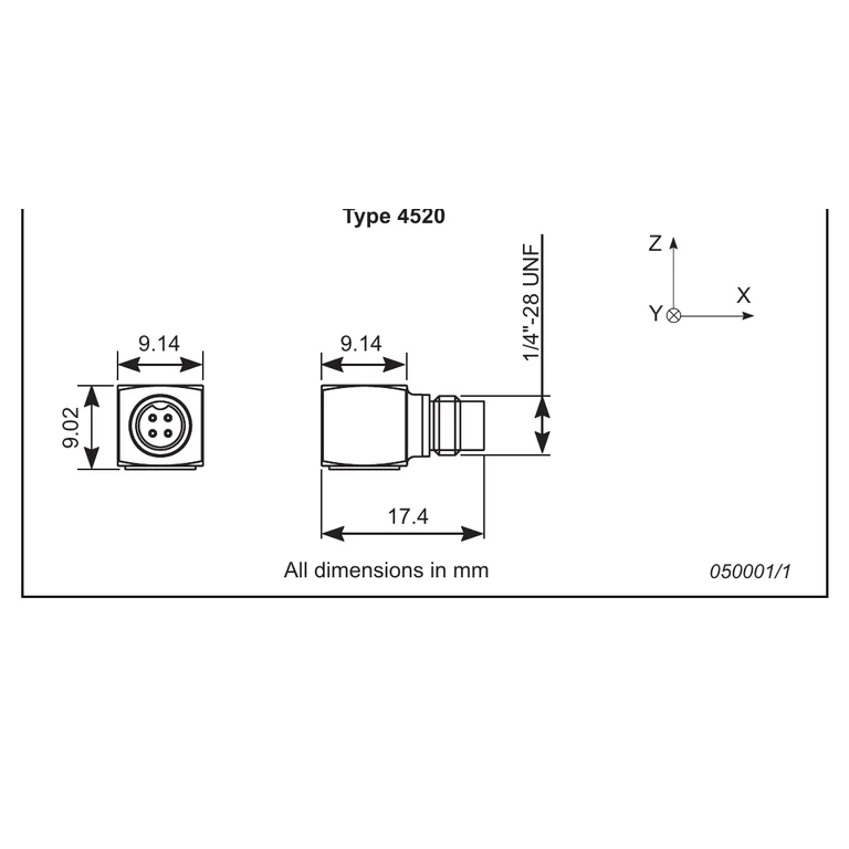 שרטוט מידות BP 2072 — מבט צד נפרד של Type Type 4520 עם מידות הגוף והמחבר