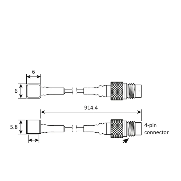 שרטוט BP 2705 נוסף של 6801-A-001 — מבטי גוף וכבל, חתך 6×6 מ״מ, אורך כבל 914.4 מ״מ ומחבר 4 פינים