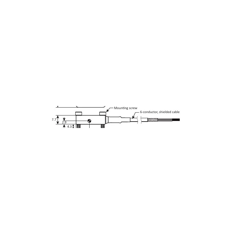 שרטוט HBK BP2709, איור 1 — מבט צד של גוף התאוצה, התושבת והכבל