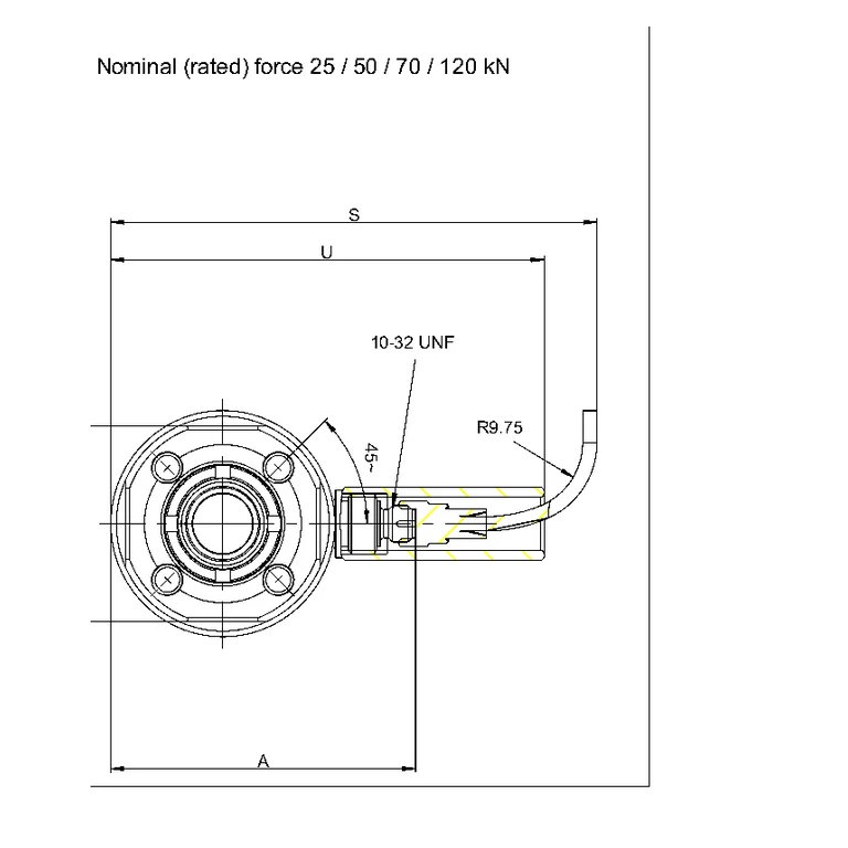 שרטוט מידות HBK B05093 — מבט קצה נפרד של חיישן CFT+ ויציאת הכבל