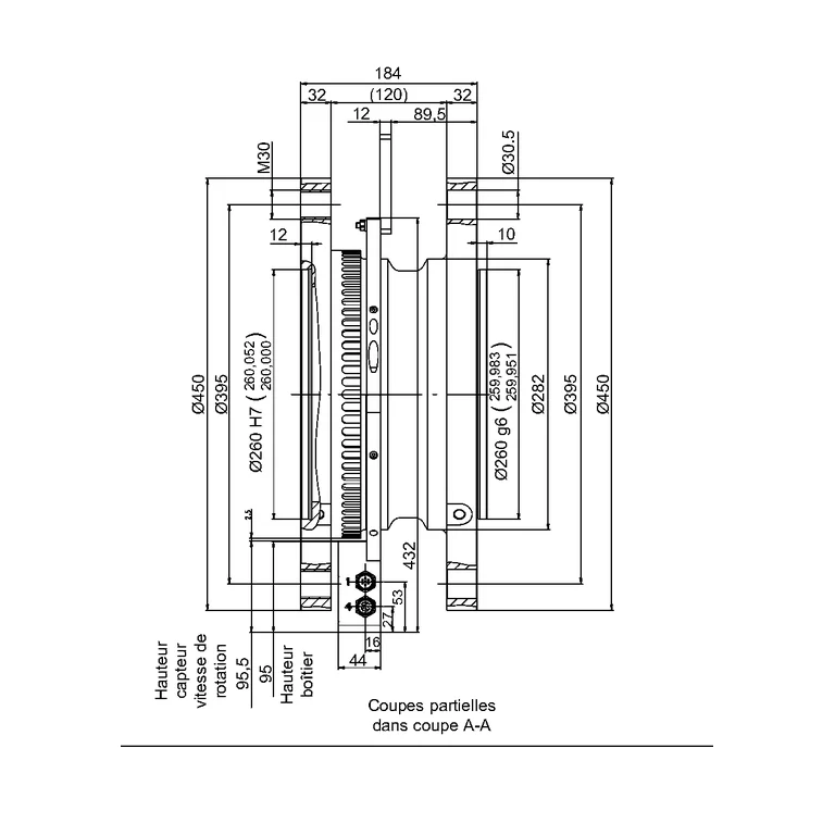 שרטוט מידות HBK — חתך צד A–A, קיבולות 100–150 kN·m