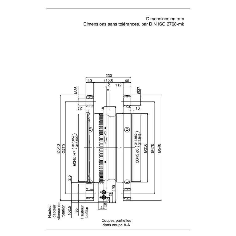 שרטוט מידות HBK — חתך צד A–A, קיבולות 200–300 kN·m