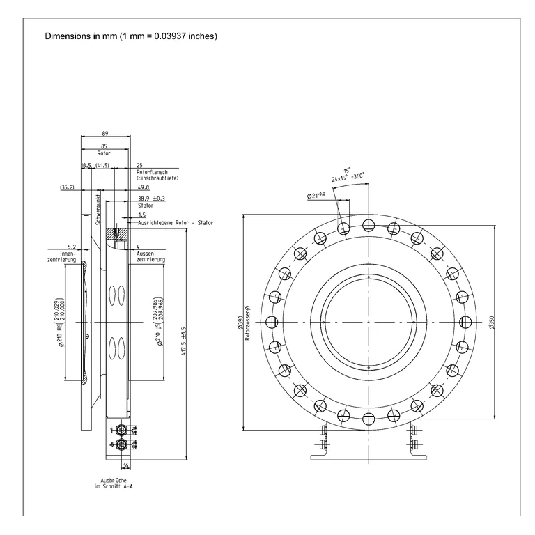 שרטוט מידות HBK — חתך A–A ומבט אוגן, 30–50 kN·m