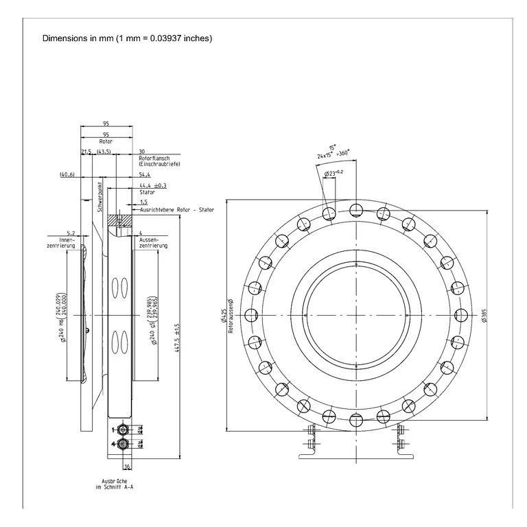 שרטוט מידות HBK — חתך A–A ומבט אוגן, 60–80 kN·m