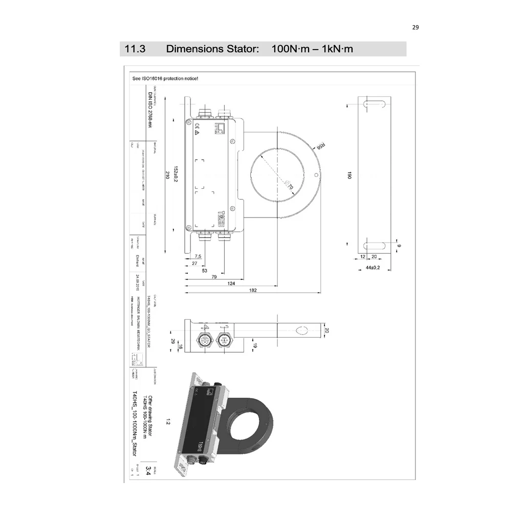 עמוד שרטוט היצרן המלא של הסטטור T40HS לטווח 100 N·m–1 kN·m; כל ההיטלים, הכיתובים וקווי המידה נשמרו ללא חיתוך