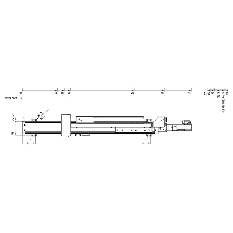 Manufacturer drawing — side view of the drive rail and carriage; travel dimensions vary by model