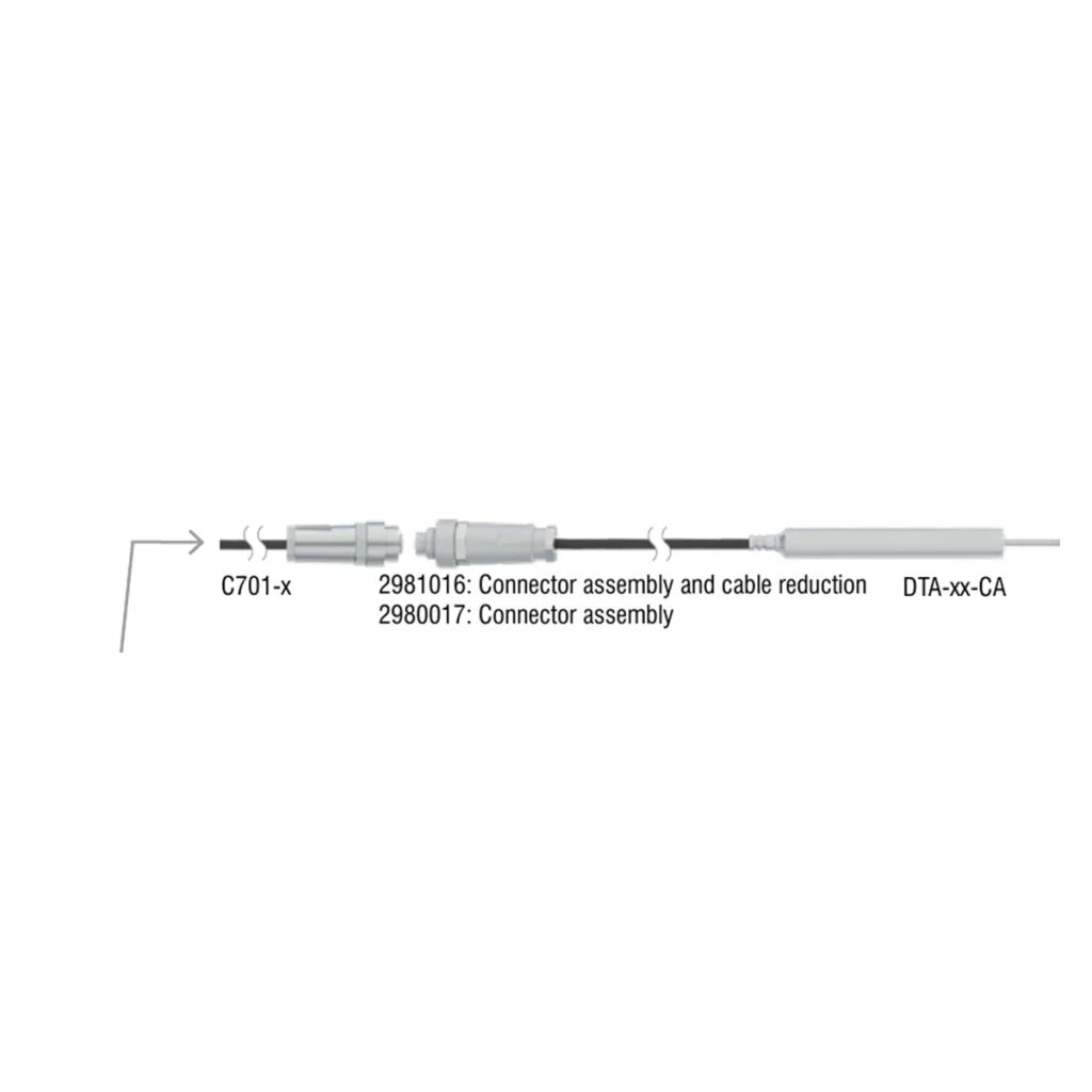 מבט מכני יצרן על מחבר C701-x ומכלולי המחבר 2981016/2980017; נחתך רק אזור המחבר והכבל נשאר שלם באיור המקור