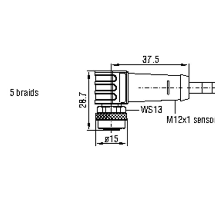 מבט מכני מלא של מחבר M12×1 בזווית 90°, כולל WS13, Ø15 וגובה הגוף מתוך קטלוג surfaceCONTROL, עמ׳ 28.