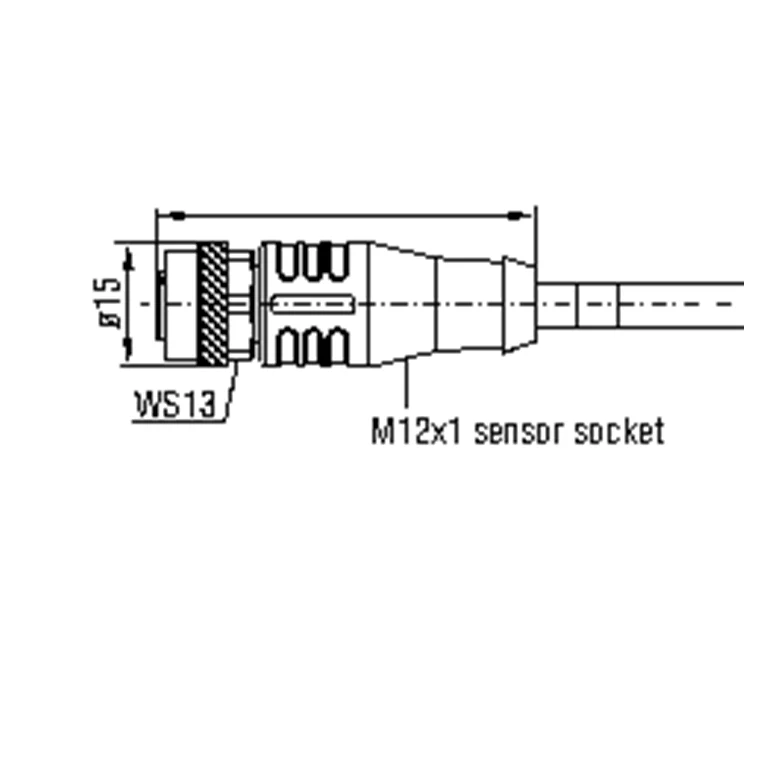 מבט מכני מלא של שקע M12×1 ישר, כולל WS13, קוטר Ø15 ומידות גוף הכבל מתוך קטלוג surfaceCONTROL, עמ׳ 28.