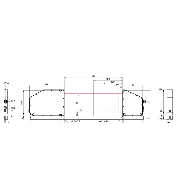 Manufacturer dimensional drawing of ODC2520-95 — front view of light source and receiver