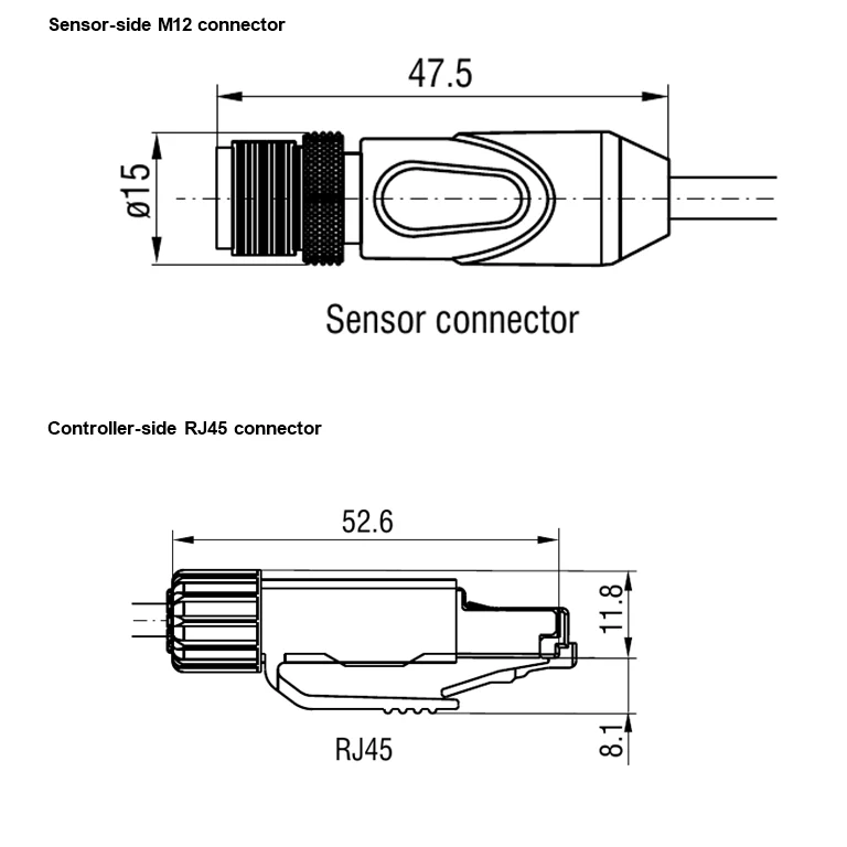 Separate details of both cable ends: the sensor-side M12 connector and controller-side RJ45, retaining the dimensions shown in the catalog. The complete cable is shown separately without cropping.