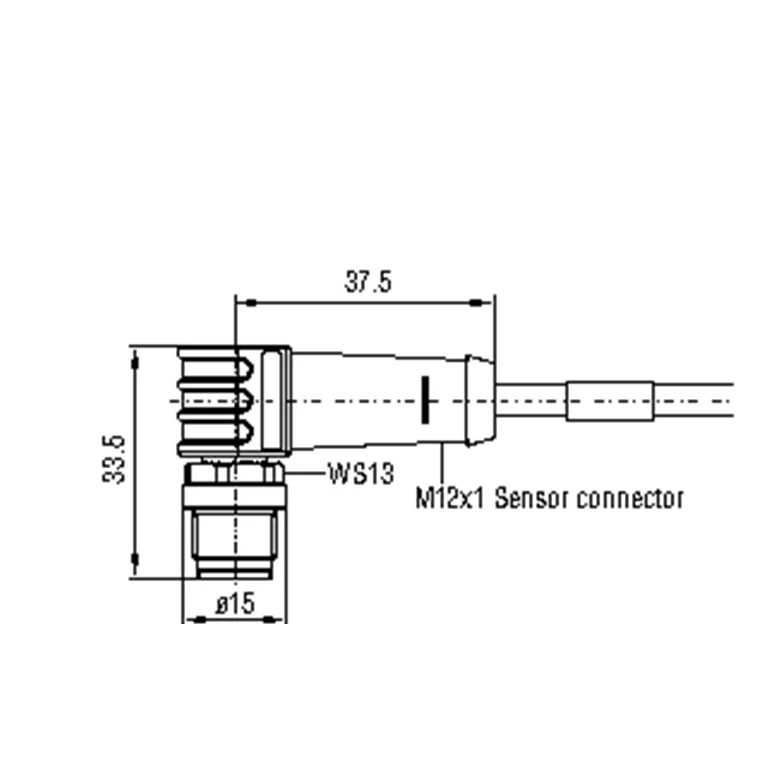 Complete mechanical view of the 90-degree X-coded M12 and RJ45 ends, including 37.5 mm, Ø15 and body dimensions.
