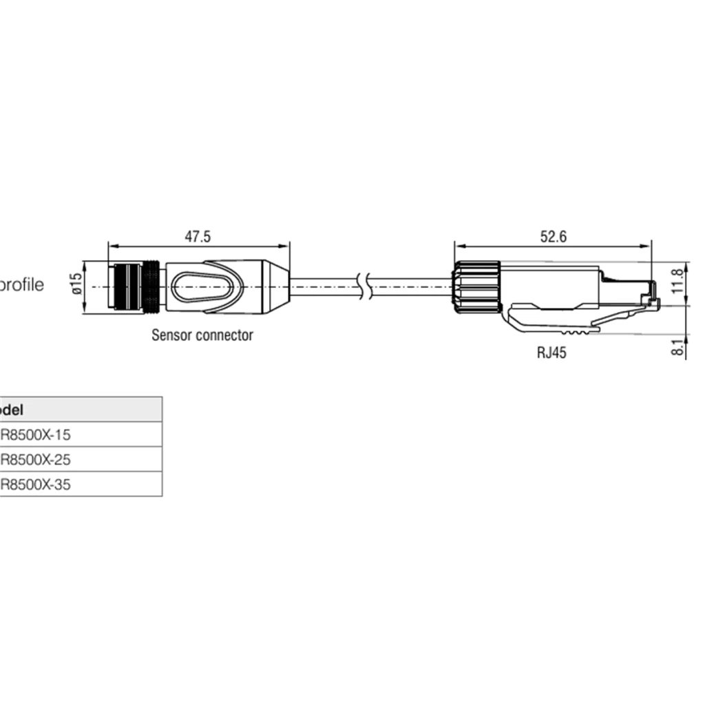 שרטוט מכני מלא של שני קצות כבל SCR8500X: מחבר חיישן Ø15 באורך 47.5 מ״מ ו־RJ45 באורך 52.6 מ״מ.