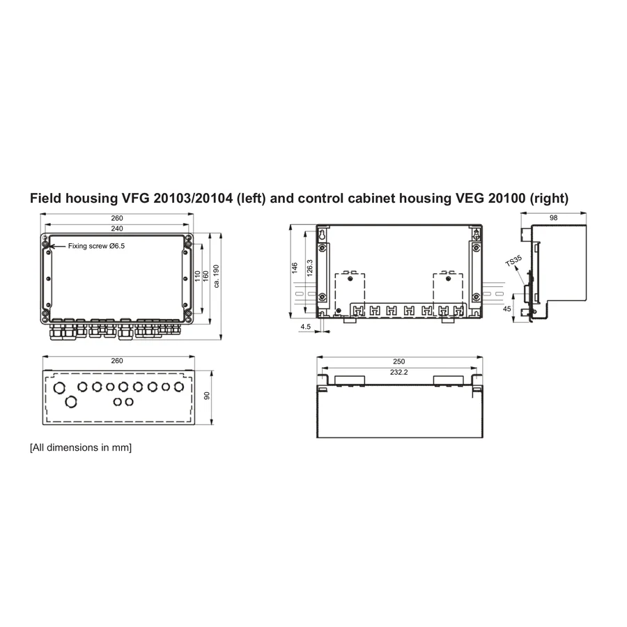 שרטוט מידות רשמי למארז השטח VFG ולמארז הארון VEG: כולל מבטים מלאים, מידות חיצוניות, מרווחים ונקודות עיגון