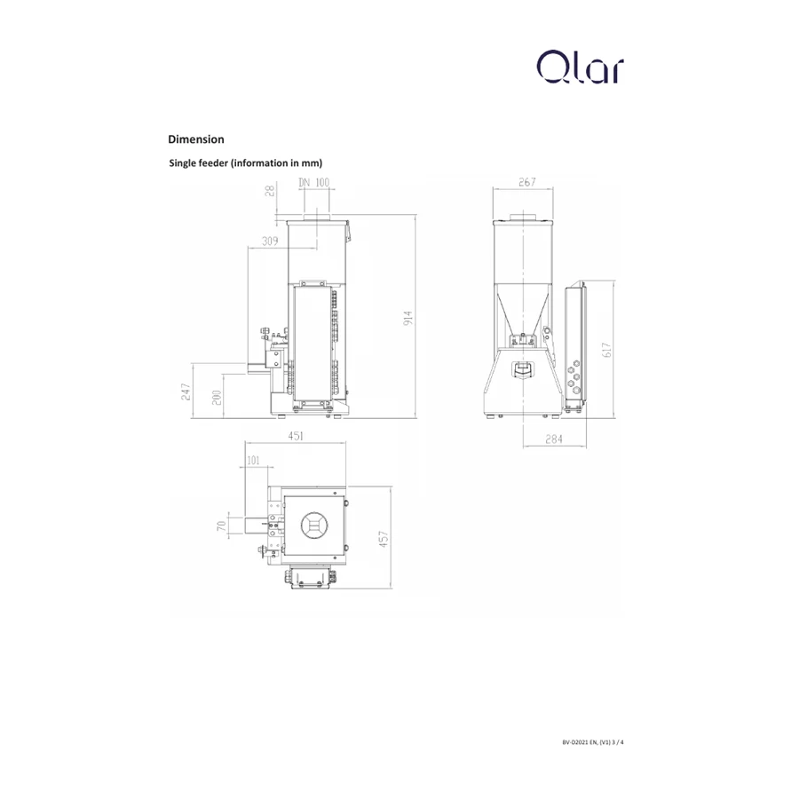 עמוד מפרט/שרטוט רשמי של DLM / MULTISTREAM solids-flow meter — מבט טכני שני; הדף הוקטן במלואו ללא חיתוך