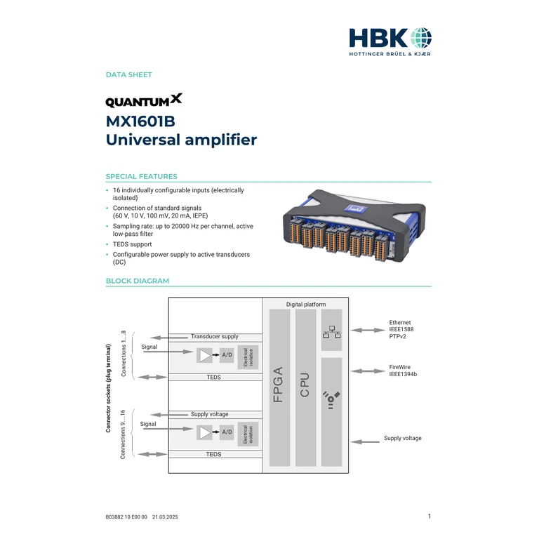 עמוד 1 מלא מגיליון הנתונים הרשמי B03882 — תצלום MX1601B ותרשים הבלוקים של כניסות, TEDS ותקשורת; נשמר ללא חיתוך