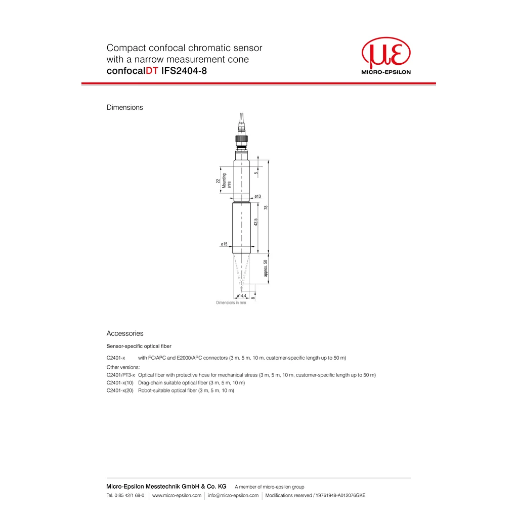 Full official Micro-Epsilon dimensional-drawing plate, page 2404-8, containing IFS2404-8 and the series mechanical context; retained uncropped
