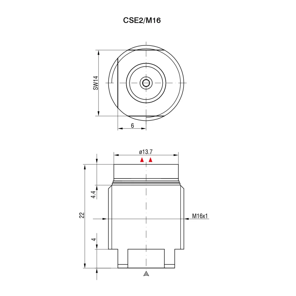 Micro-Epsilon CSE2/M16 capacitive sensor — model dimensions