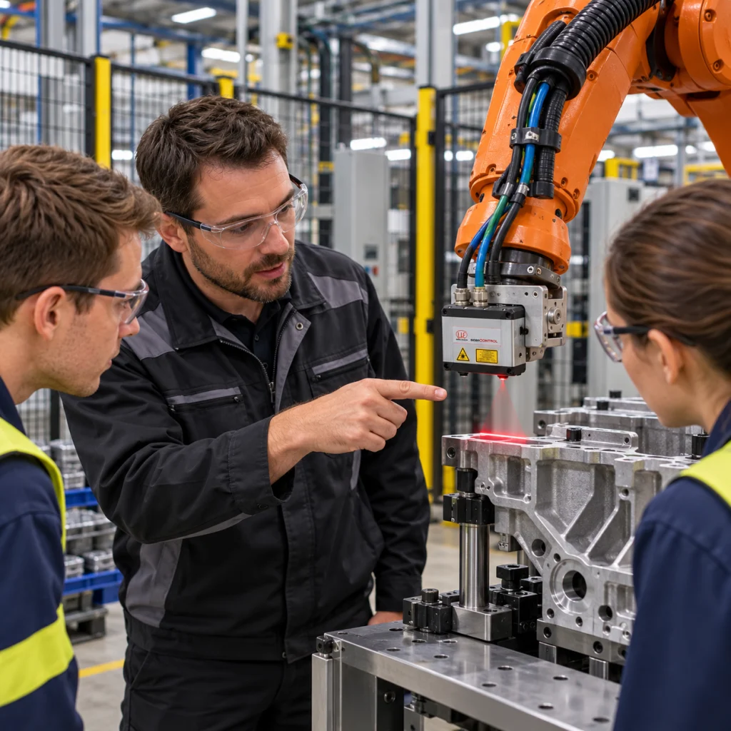 מדריך ושני משתתפים ליד רובוט עם scanCONTROL במפעל — Factory sensor training