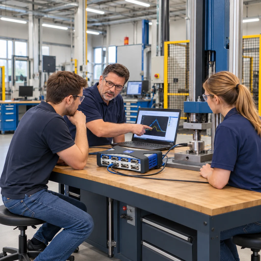 מדריך ושני משתתפים ליד רובוט עם scanCONTROL במפעל — Factory sensor training