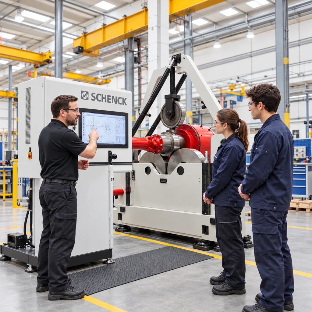 מדריך ושני משתתפים ליד רובוט עם scanCONTROL במפעל — Factory sensor training